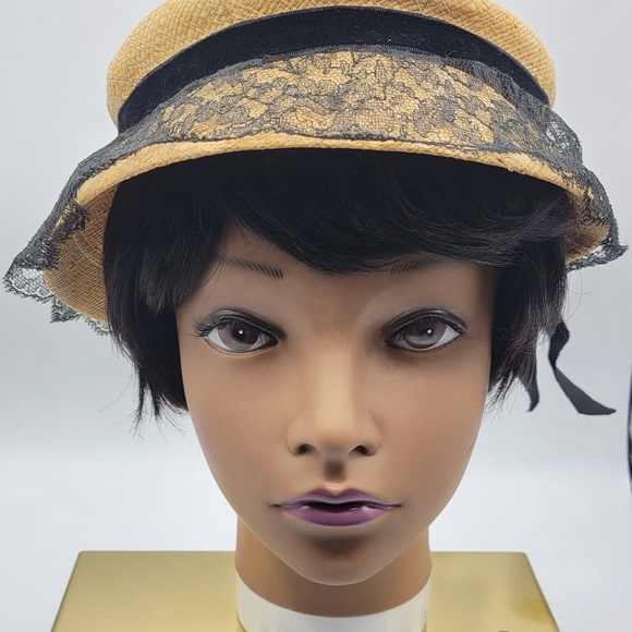 Spring Straw Lace Hat By Saks Fifth Avenue •Elegant Black & Tan Women's Hat - Picture 1 of 6